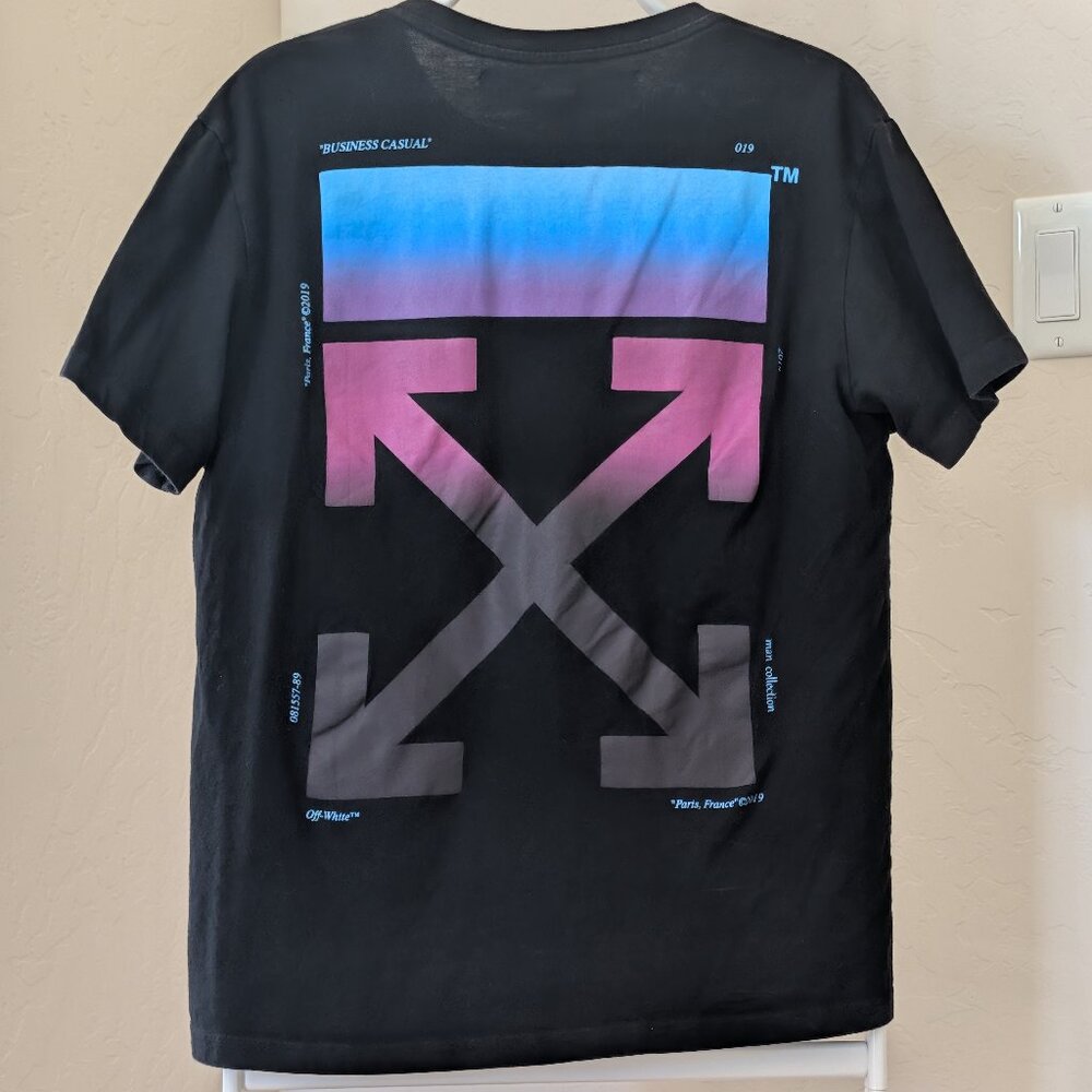 Off-White "Business Casual" Tee Black w/ Blue & Pink Gradient Logo (Size Small)